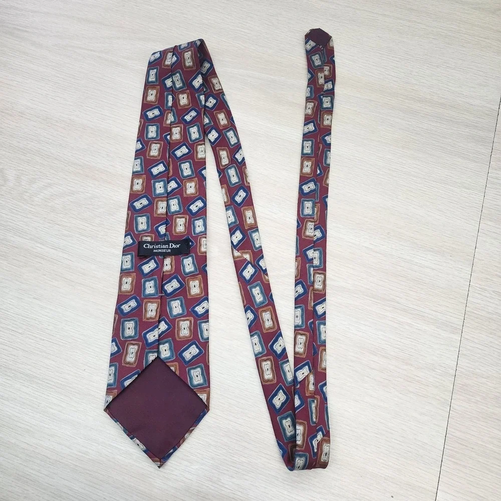 Christian Dior Monsieur Silk Tie‎ Woven in Italy Geometric Pattern Burgundy Blue